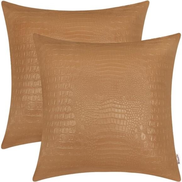 Faux Leather Pillow Covers 18 X 18 Inches, Tan Leather Pillow Covers Pack of 2 - Picture 1 of 7